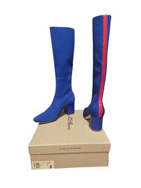 Charlotte Stone Navy Blue Red Circe Heeled Boots New In Box Size 6